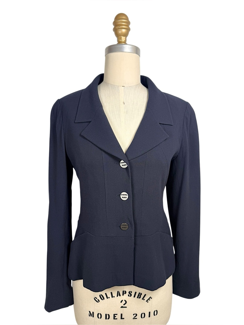 Vintage Chanel Navy Logo Button Tailored Blazer FR38